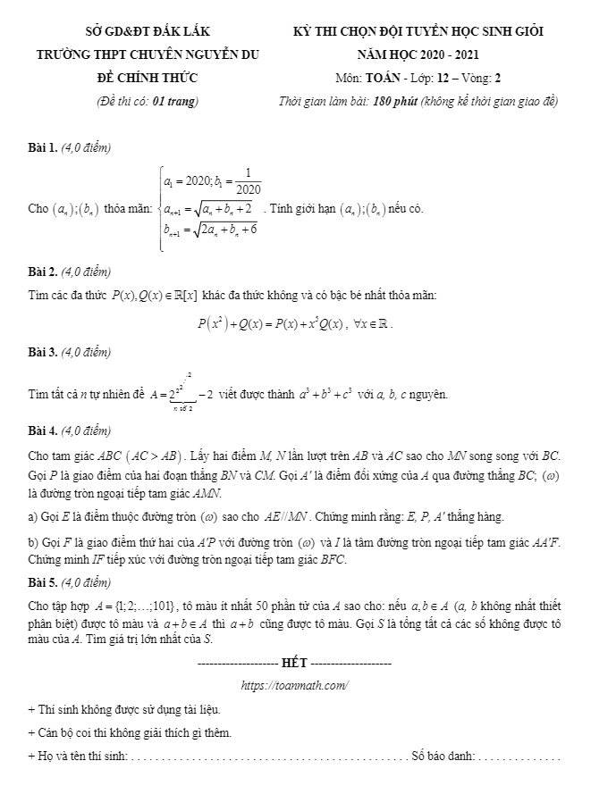 Đề thi HSG Toán 12 (vòng 2) năm 2020 – 2021 trường chuyên Nguyễn Du – Đắk Lắk