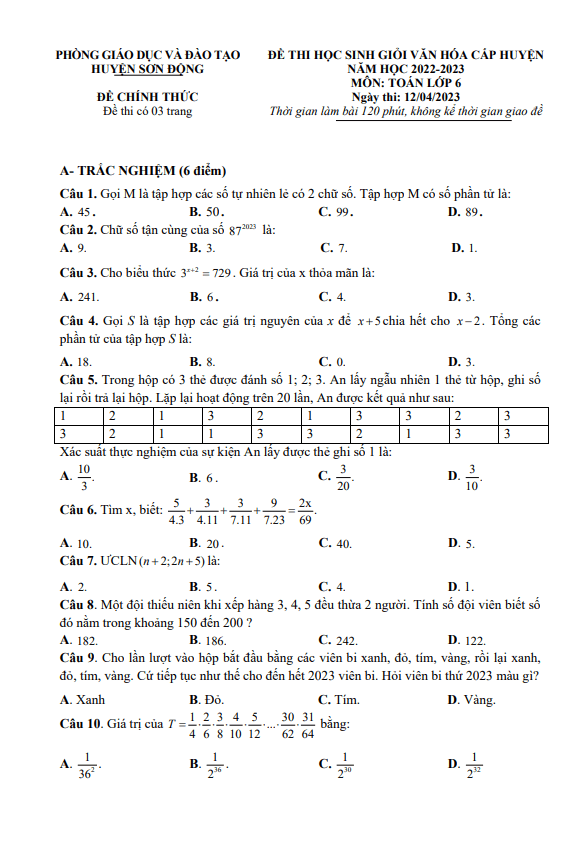 Đề thi HSG Toán 6 cấp huyện năm 2022 – 2023 phòng GD&ĐT Sơn Động – Bắc Giang