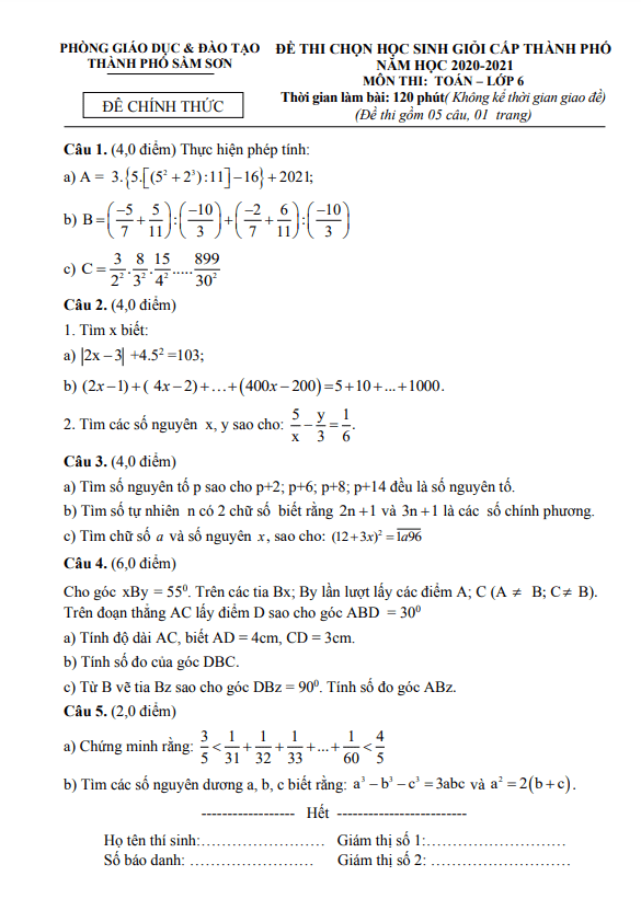 Đề thi HSG Toán 6 năm 2020 – 2021 phòng GD&ĐT thành phố Sầm Sơn – Thanh Hóa