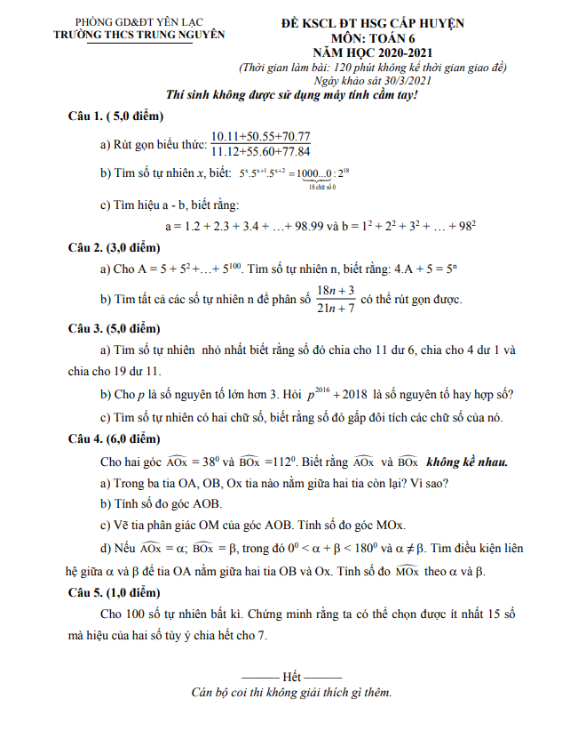 Đề thi HSG Toán 6 năm 2020 – 2021 trường THCS Trung Nguyên – Vĩnh Phúc