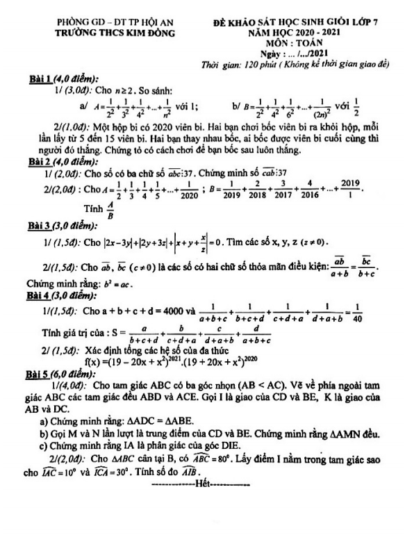Đề thi HSG Toán 7 năm 2020 – 2021 trường THCS Kim Đồng – Quảng Nam