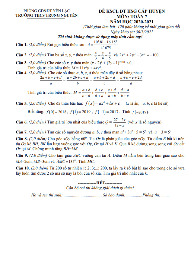 Đề thi HSG Toán 7 năm 2020 – 2021 trường THCS Trung Nguyên – Vĩnh Phúc