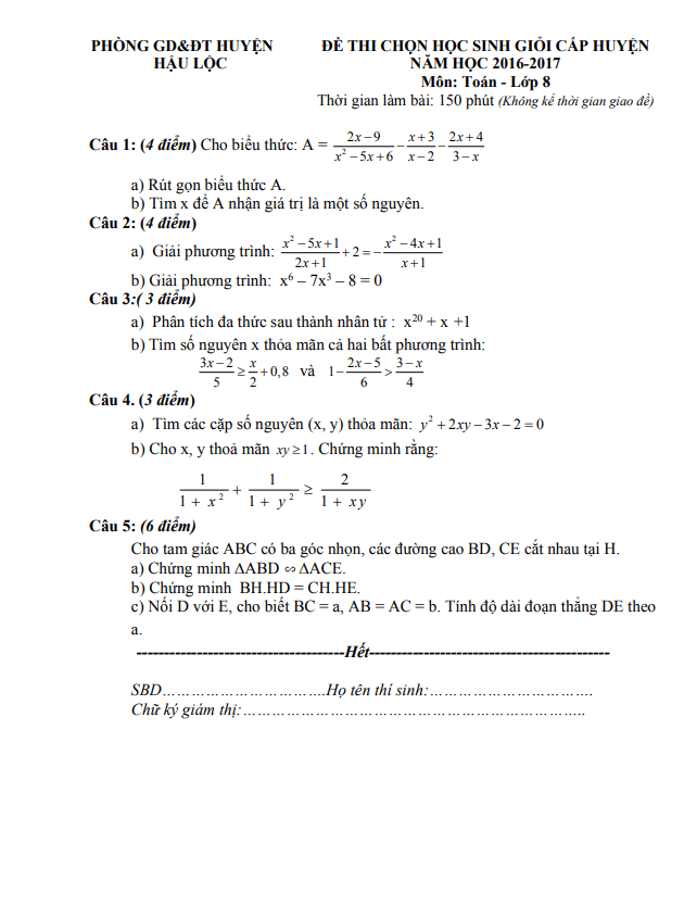 Đề thi HSG Toán 8 cấp huyện năm 2016 – 2017 phòng GD&ĐT Hậu Lộc – Thanh Hóa