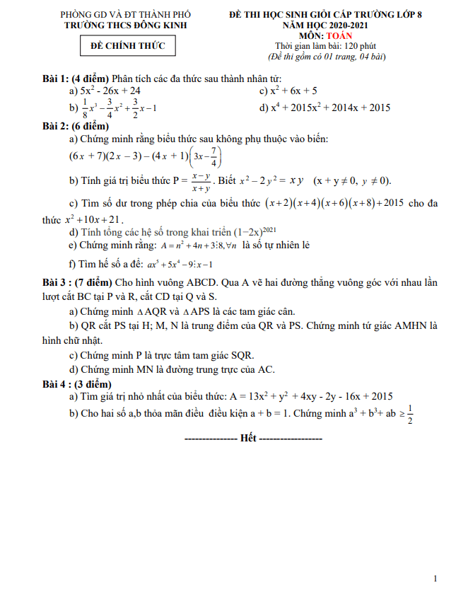 Đề thi HSG Toán 8 cấp trường năm 2020 – 2021 trường THCS Đông Kinh – Lạng Sơn