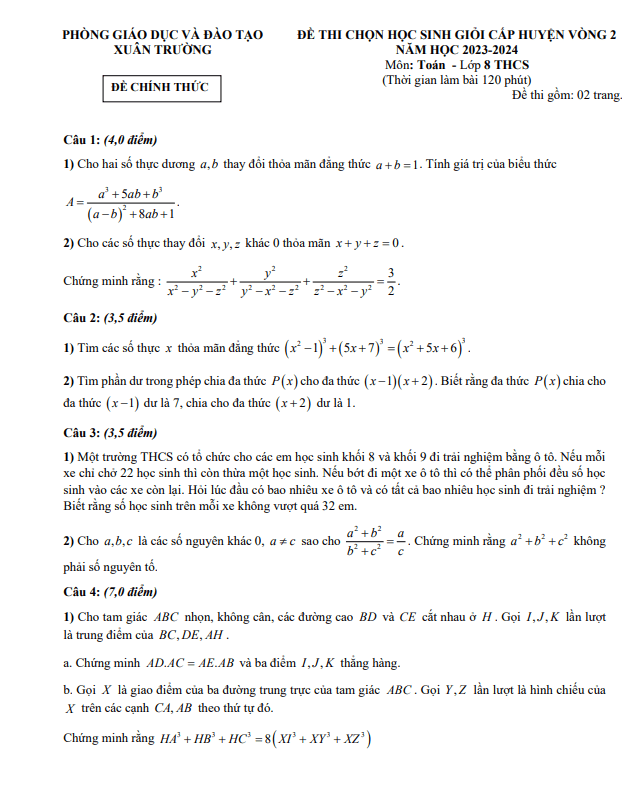 Đề thi HSG Toán 8 vòng 2 năm 2023 – 2024 phòng GD&ĐT Xuân Trường – Nam Định