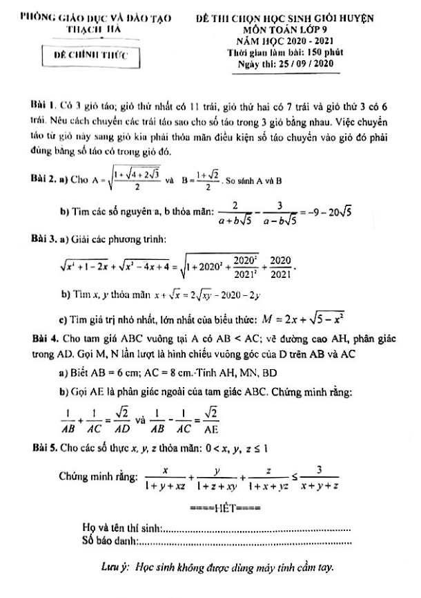 Đề thi HSG Toán 9 cấp huyện năm 2020 – 2021 phòng GD&ĐT Thạch Hà – Hà Tĩnh