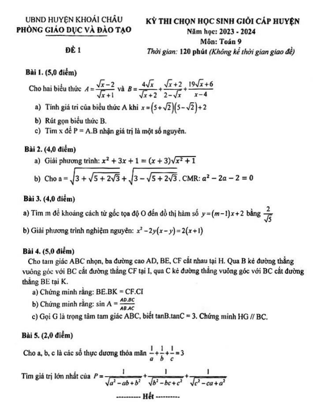 Đề thi HSG Toán 9 cấp huyện năm 2023 – 2024 phòng GD&ĐT Khoái Châu – Hưng Yên