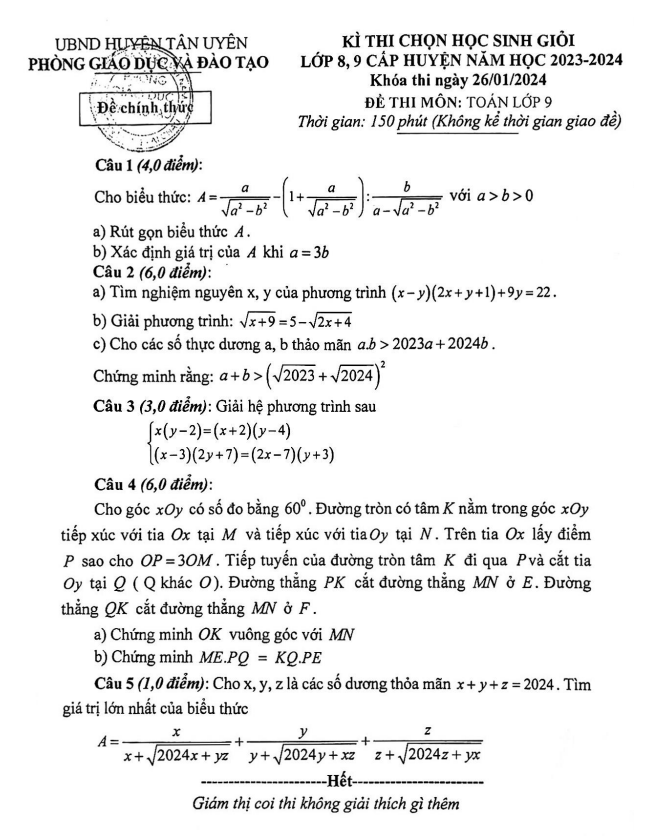 Đề thi HSG Toán 9 cấp huyện năm 2023 – 2024 phòng GD&ĐT Tân Uyên – Lai Châu