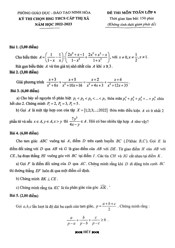 Đề thi HSG Toán 9 cấp thị xã năm 2022 – 2023 phòng GD&ĐT Ninh Hòa – Khánh Hòa