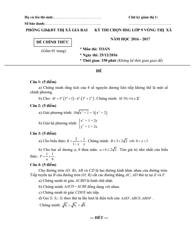 Đề thi HSG Toán 9 năm 2016 – 2017 phòng GD&ĐT thị xã Giá Rai – Bạc Liêu