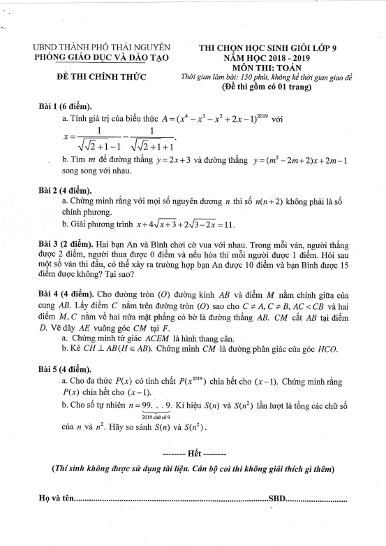 Đề thi HSG Toán 9 năm 2018 – 2019 phòng GD&ĐT thành phố Thái Nguyên