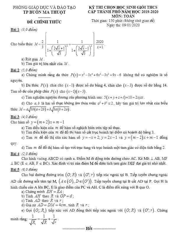 Đề thi HSG Toán 9 năm 2019 – 2020 phòng GD&ĐT Buôn Ma Thuột – Đắk Lắk