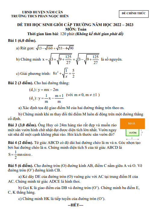Đề thi HSG Toán 9 năm 2022 – 2023 trường THCS Phan Ngọc Hiển – Cà Mau