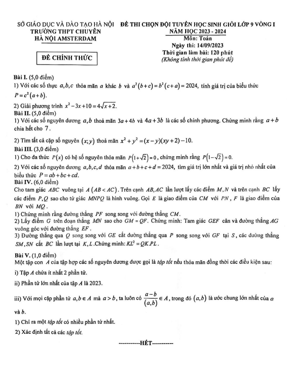 Đề thi HSG Toán 9 vòng 1 năm 2023 – 2024 trường THPT chuyên Hà Nội – Amsterdam