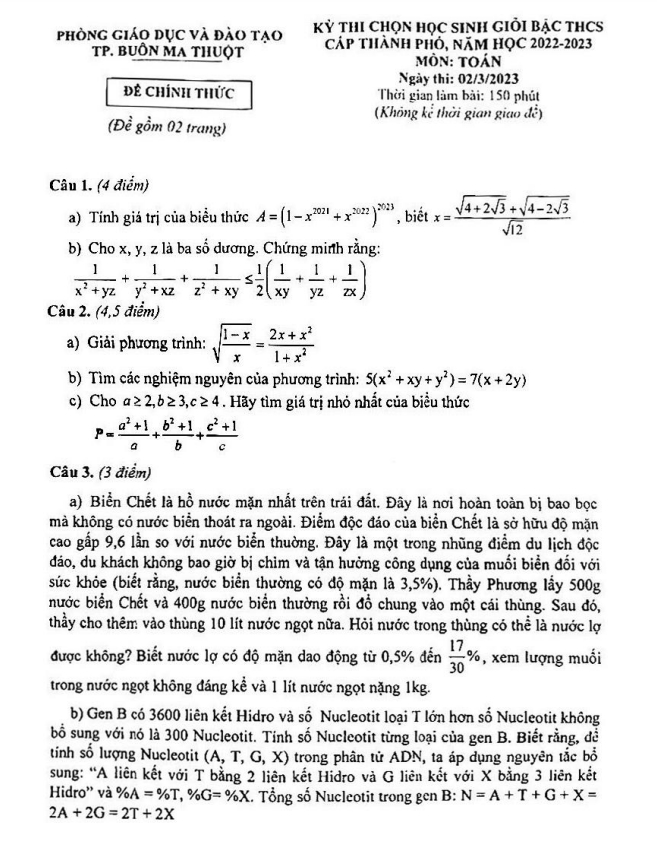 Đề thi HSG Toán THCS năm 2022 – 2023 phòng GD&ĐT Buôn Ma Thuột – Đắk Lắk