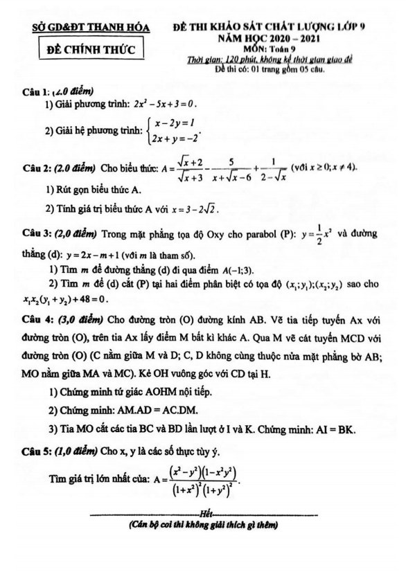 Đề thi khảo sát chất lượng Toán 9 năm 2020 – 2021 sở GD&ĐT Thanh Hóa