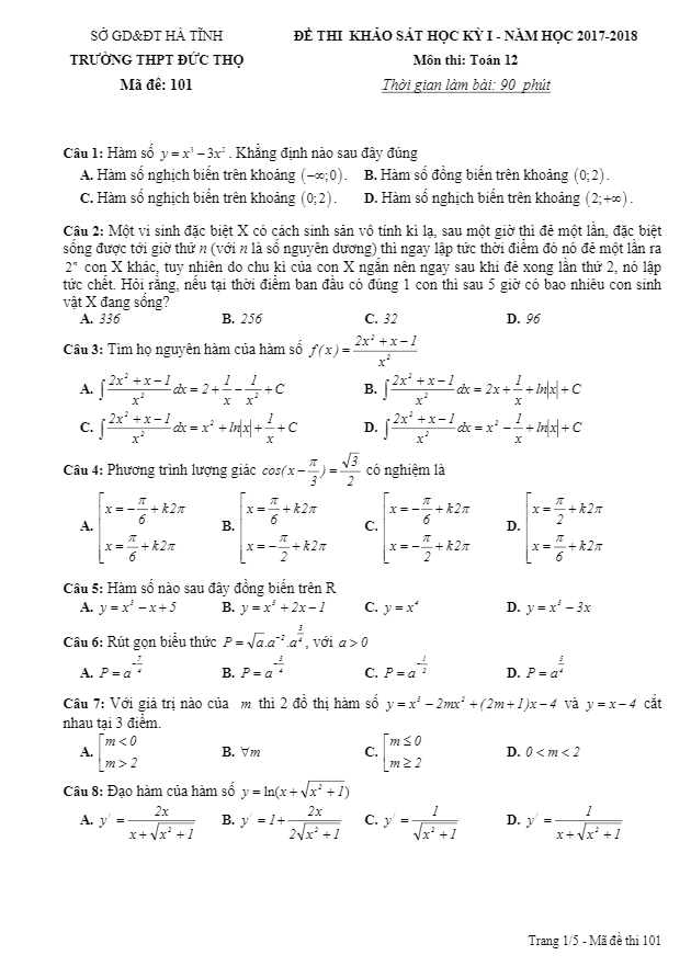 Đề thi khảo sát HK1 Toán 12 năm học 2017 – 2018 trường THPT Đức Thọ – Hà Tĩnh