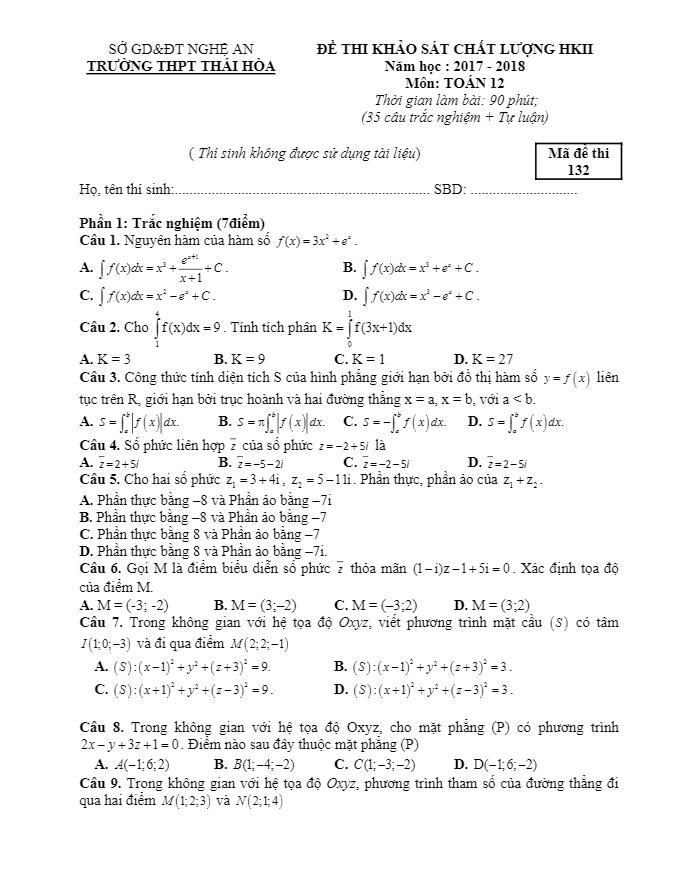 Đề thi KSCL Toán 12 HK2 năm 2017 – 2018 trường THPT Thái Hòa – Nghệ An