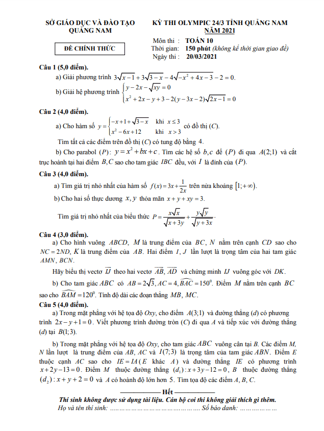 Đề thi Olympic 24/3 Toán 10 năm 2021 sở GD&ĐT Quảng Nam