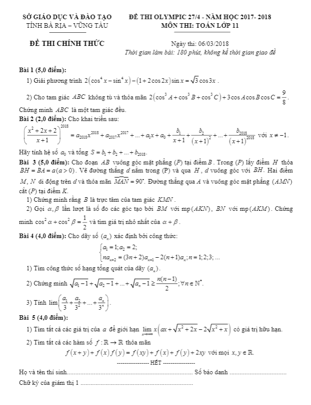Đề thi Olympic 27/4 Toán 11 năm 2017 – 2018 sở GD và ĐT Bà Rịa – Vũng Tàu