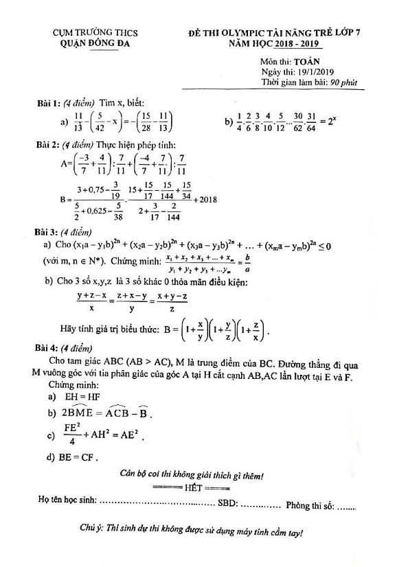 Đề thi Olympic tài năng trẻ Toán 7 năm 2018 – 2019 quận Đống Đa – Hà Nội