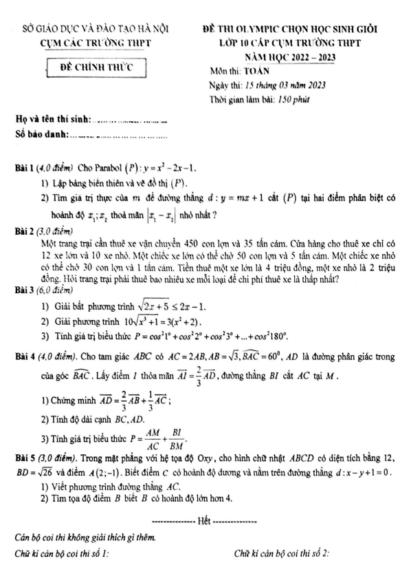 Đề thi Olympic Toán 10 năm 2022 – 2023 cụm các trường THPT – Hà Nội