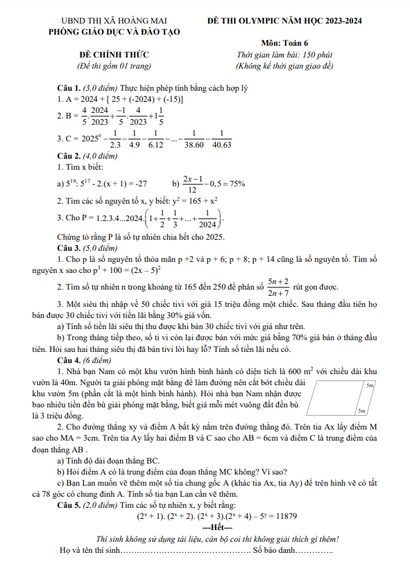 Đề thi Olympic Toán 6 năm 2023 – 2024 phòng GD&ĐT Hoàng Mai – Nghệ An
