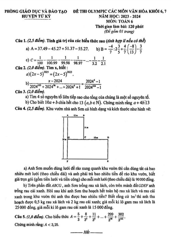 Đề thi Olympic Toán 6 năm 2023 – 2024 phòng GD&ĐT Tứ Kỳ – Hải Dương