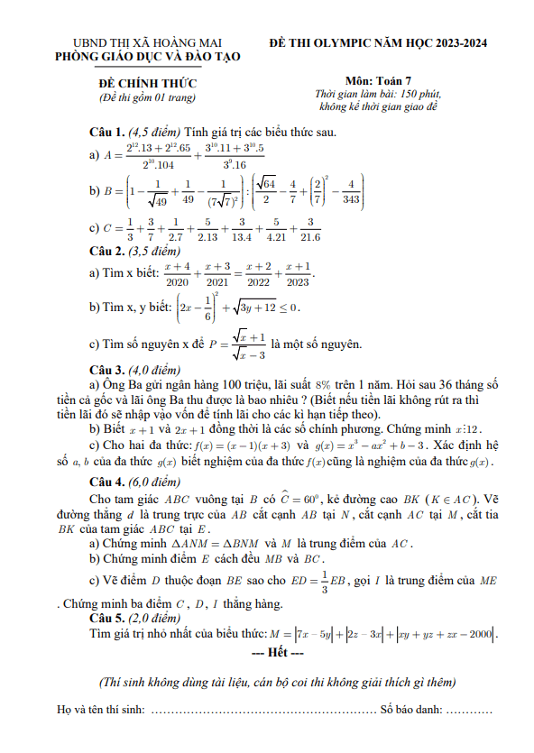 Đề thi Olympic Toán 7 năm 2023 – 2024 phòng GD&ĐT Hoàng Mai – Nghệ An