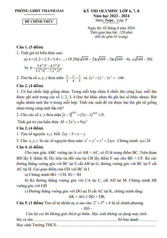 Đề thi Olympic Toán 7 năm 2023 – 2024 phòng GD&ĐT Thanh Oai – Hà Nội