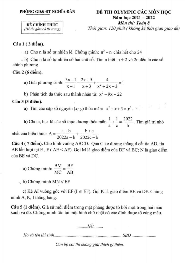 Đề thi Olympic Toán 8 năm 2021 – 2022 phòng GD&ĐT Nghĩa Đàn – Nghệ An