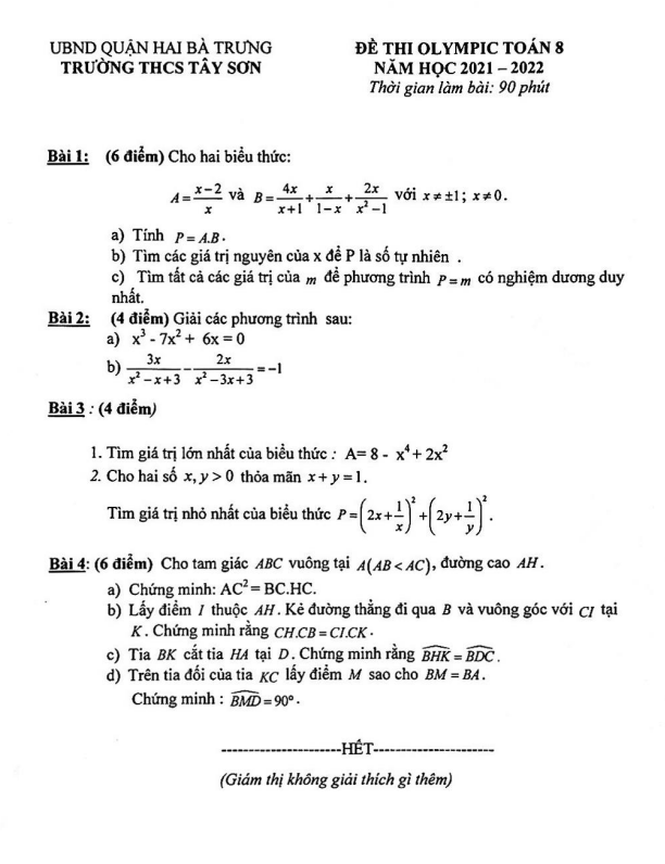 Đề thi Olympic Toán 8 năm 2021 – 2022 trường THCS Tây Sơn – Hà Nội
