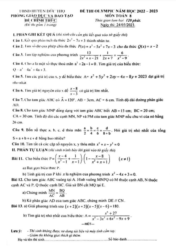 Đề thi Olympic Toán 8 năm 2022 – 2023 phòng GD&ĐT Đức Thọ – Hà Tĩnh
