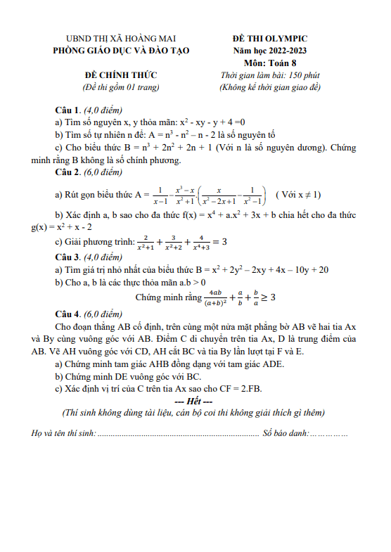 Đề thi Olympic Toán 8 năm 2022 – 2023 phòng GD&ĐT Hoàng Mai – Nghệ An