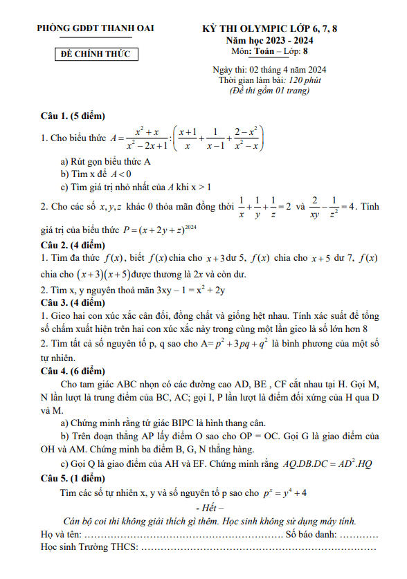 Đề thi Olympic Toán 8 năm 2023 – 2024 phòng GD&ĐT Thanh Oai – Hà Nội