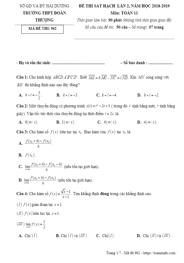 Đề thi sát hạch lần 2 Toán 11 năm 2018 – 2019 trường Đoàn Thượng – Hải Dương