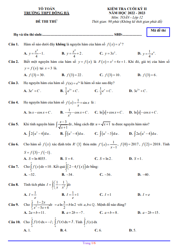 Đề thi thử cuối kỳ 2 Toán 12 năm 2022 – 2023 trường THPT Đông Hà – Quảng Trị