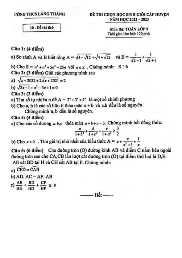 Đề thi thử học sinh giỏi huyện Toán 9 năm 2022 – 2023 THCS Lăng Thành – Nghệ An