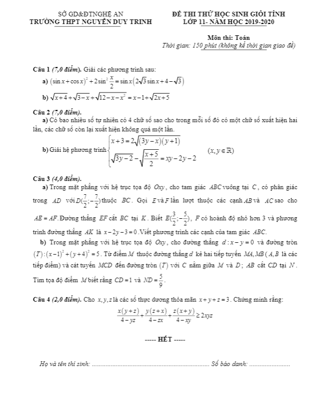Đề thi thử HSG tỉnh Toán 11 năm 2019 – 2020 trường Nguyễn Duy Trinh – Nghệ An
