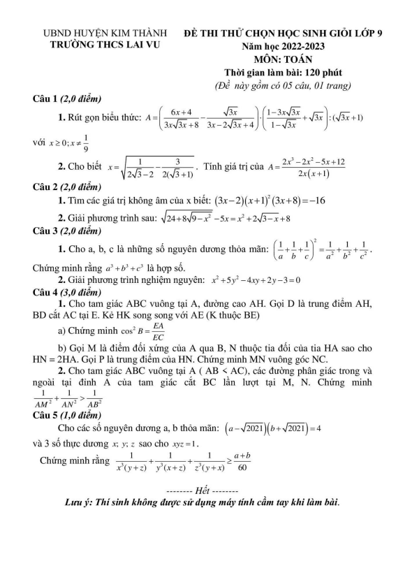 Đề thi thử HSG Toán 9 năm 2022 – 2023 trường THCS Lai Vu – Hải Dương