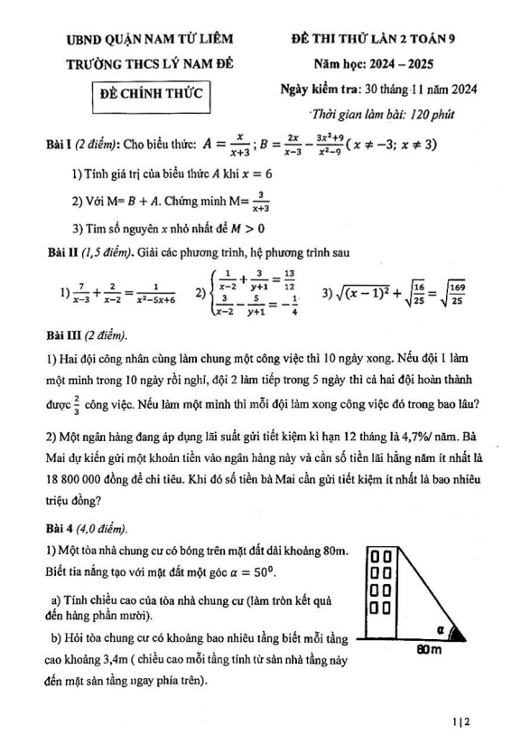Đề thi thử lần 2 Toán 9 năm 2024 – 2025 trường THCS Lý Nam Đế – Hà Nội