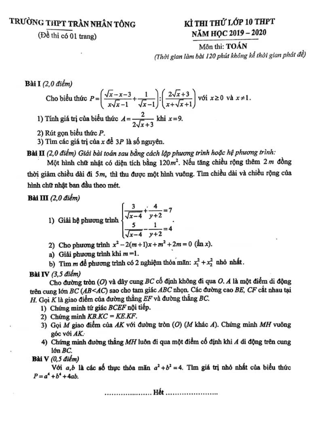 Đề thi thử lớp 10 năm 2019 – 2020 môn Toán trường Trần Nhân Tông – Hà Nội