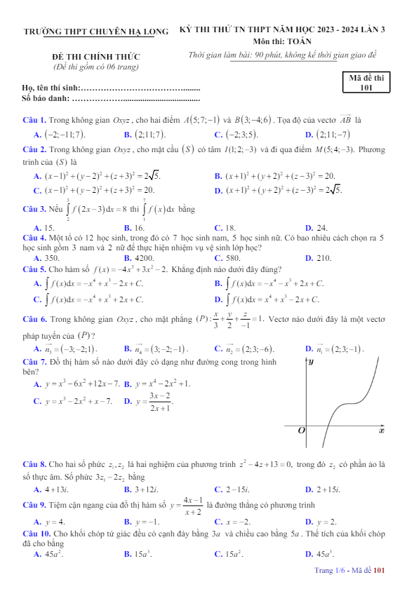 Đề thi thử TN THPT 2024 môn Toán lần 3 trường chuyên Hạ Long – Quảng Ninh