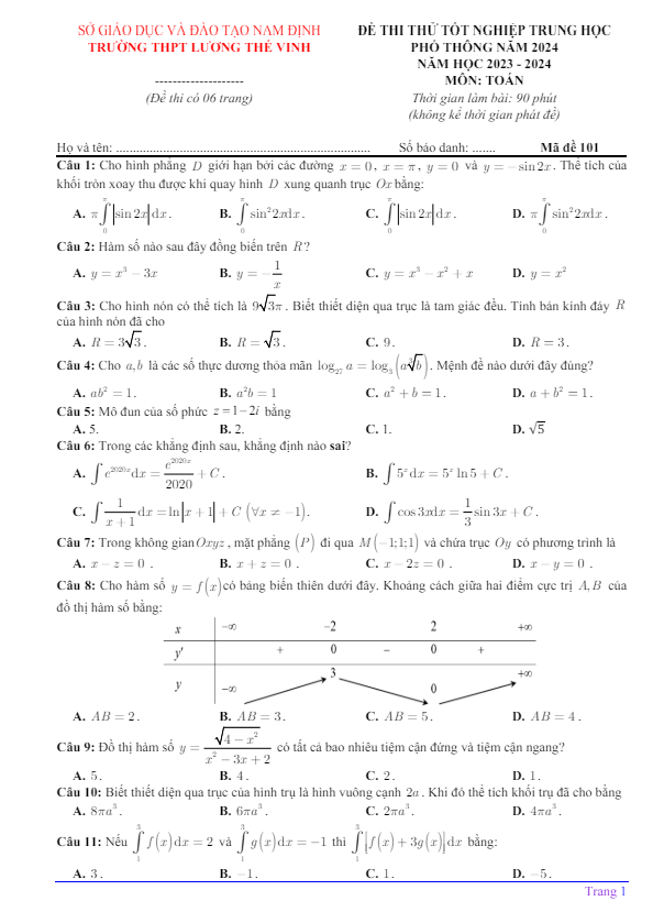 Đề thi thử TN THPT 2024 môn Toán trường THPT Lương Thế Vinh – Nam Định