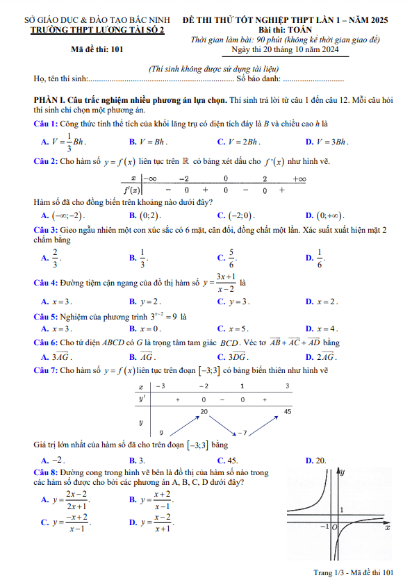 Đề thi thử TN THPT 2025 lần 1 môn Toán trường THPT Lương Tài 2 – Bắc Ninh