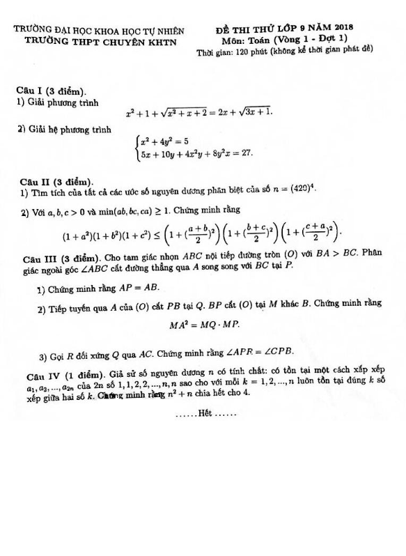 Đề thi thử Toán 9 năm 2018 trường THPT chuyên KHTN – Hà Nội (Vòng 1 – Đợt 1)