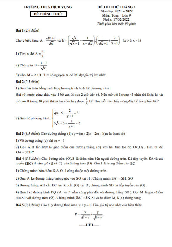 Đề thi thử Toán 9 tháng 2 năm 2022 trường THCS Dịch Vọng – Hà Nội