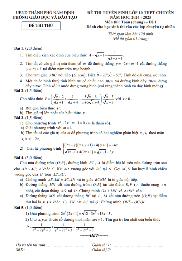 Đề thi thử Toán (chung) vào 10 chuyên năm 2024 – 2025 phòng GD&ĐT TP Nam Định