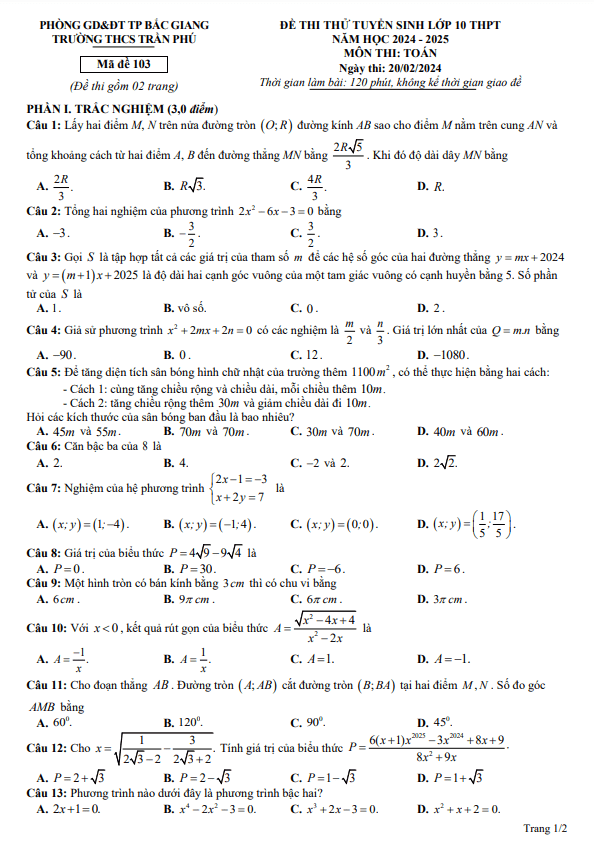 Đề thi thử Toán tuyển sinh 10 năm 2024 – 2025 trường THCS Trần Phú – Bắc Giang