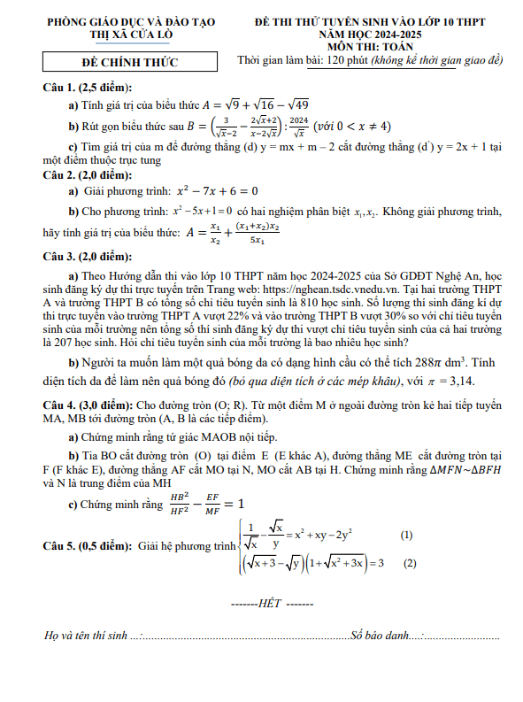 Đề thi thử Toán tuyển sinh lớp 10 năm 2024 – 2025 phòng GD&ĐT Cửa Lò – Nghệ An